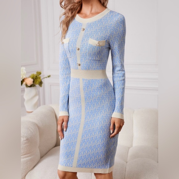 SHEIN Pattern Contrast Trim Pocket Patched Sweater Dress - Picture 2 of 3